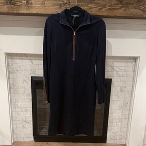Ralph Lauren Dark navy Blue leather accents Long Sleeve Dress